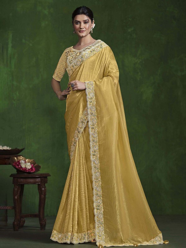 Pastel Yellow Crush Paper Silk Saree With Stitched Blouse